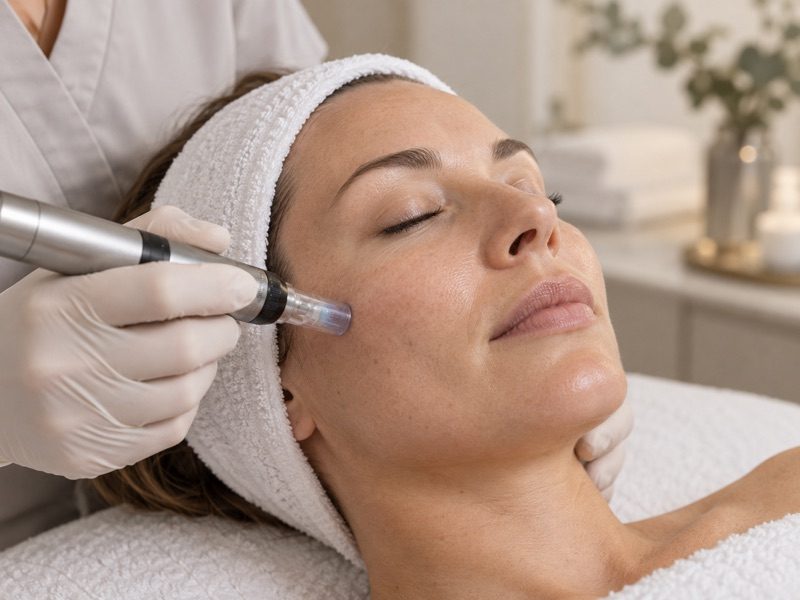 Kosmetisches Microneedling mit neutralem Pen an der Wange